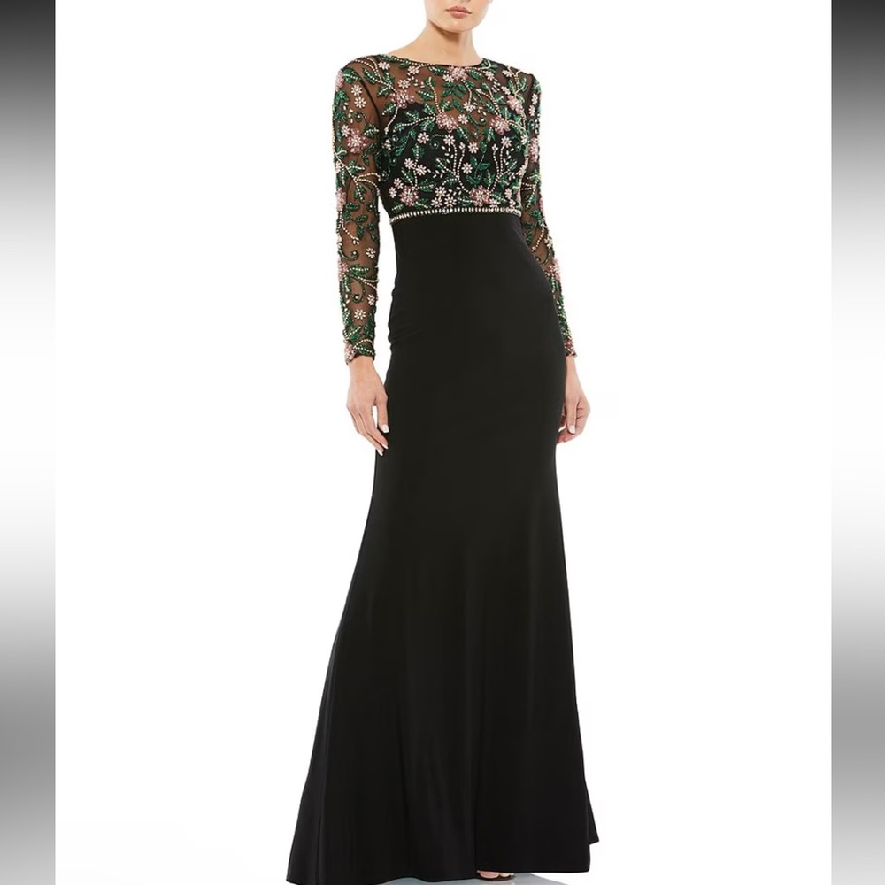 Mac Duggal Black Beaded Illusion High Neck Trumpet Gown size 2 style 67870
